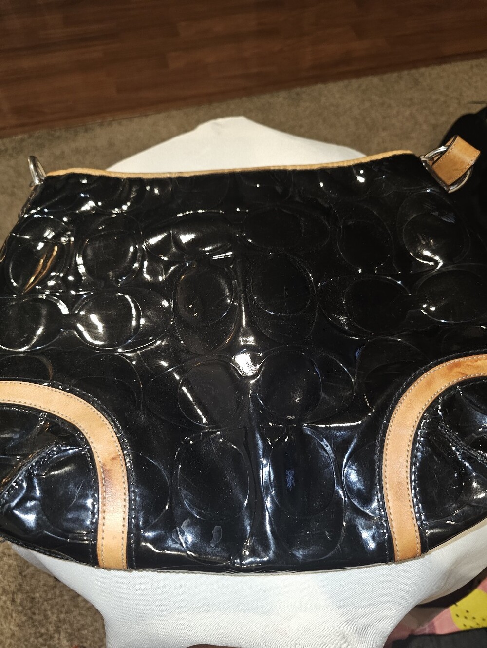 COACH Peyton Black Patent Shoulder Bag with Tan Trim - Picture 6 of 6